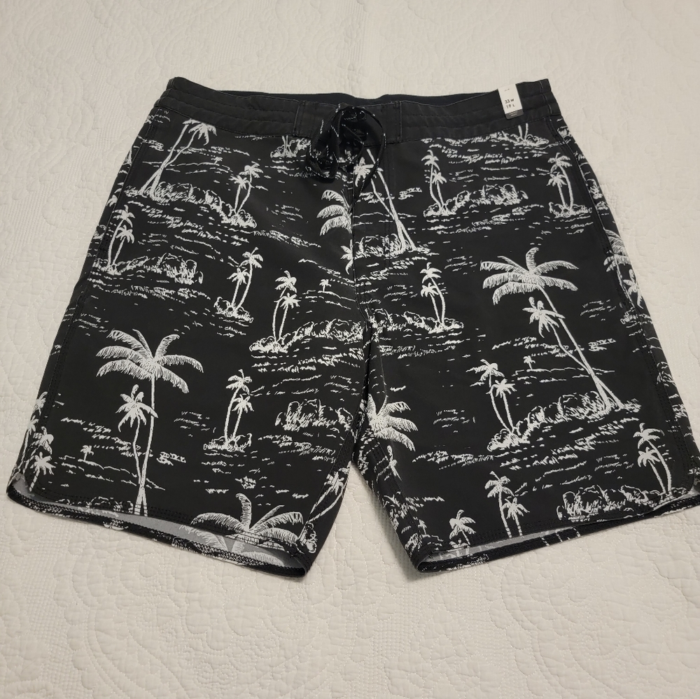 Carolina Surf Brand Size 33 Black and White Palm Print Men's Swim Board Shorts